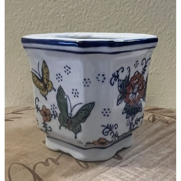 Vintage Chinoiserie Floral Butterflies Ceramic Hand Painted 4" Indoor Planter - Picture 6 of 12